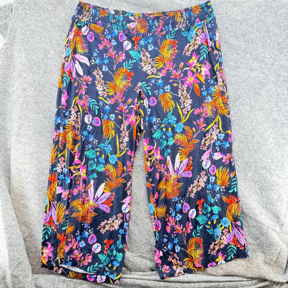 SOMA Cool Nights NWT Floral‎ Wide Leg Pants XL Blooming Tropical Smocked Waist